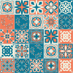 Square ceramic tiles in mediterranean style, orange blue pattern, symmetrical floral motif