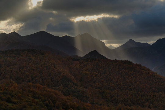Sunset in the Valgrande Forest and profile of the mountains of the Cantabrian Mountains, Pajares, Asturias, Spain.