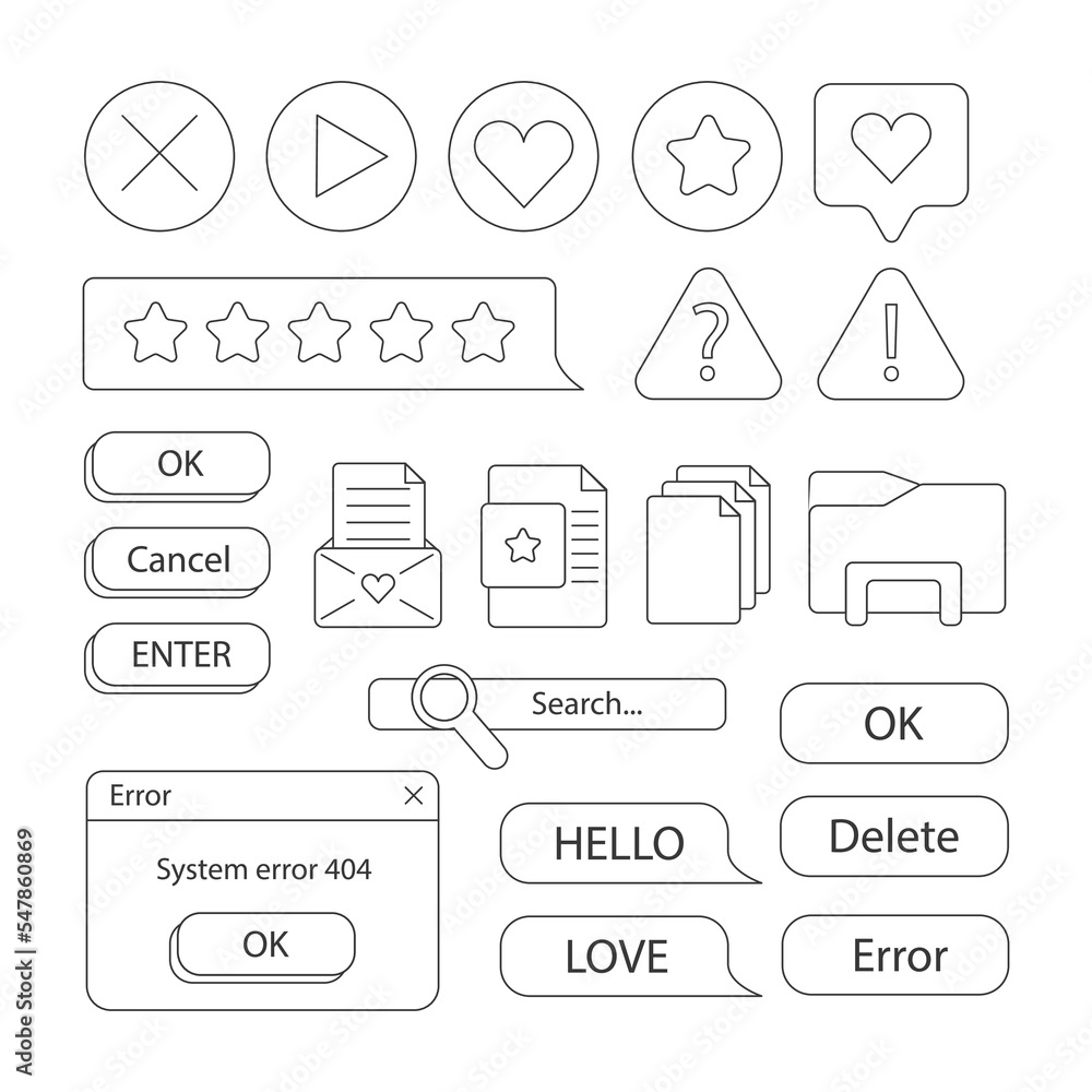 Poster set of retro stickers. doodle style. old desktop user interface elements. cute nostalgic computer ui