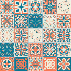 Square ceramic tiles in mediterranean style, orange blue pattern for design