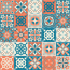 Ceramic tile design orange blue contrast color, square ceramic tiles in Spanish Azulejo talavera style