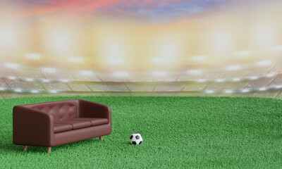 Ball with sofa on soccer field and bright spotlights. Concept of sport, world cup, 3d rendering