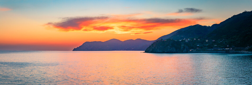 Sunset view onto the Mediterranean Sea in Manarola in Cinque Terre, Italy