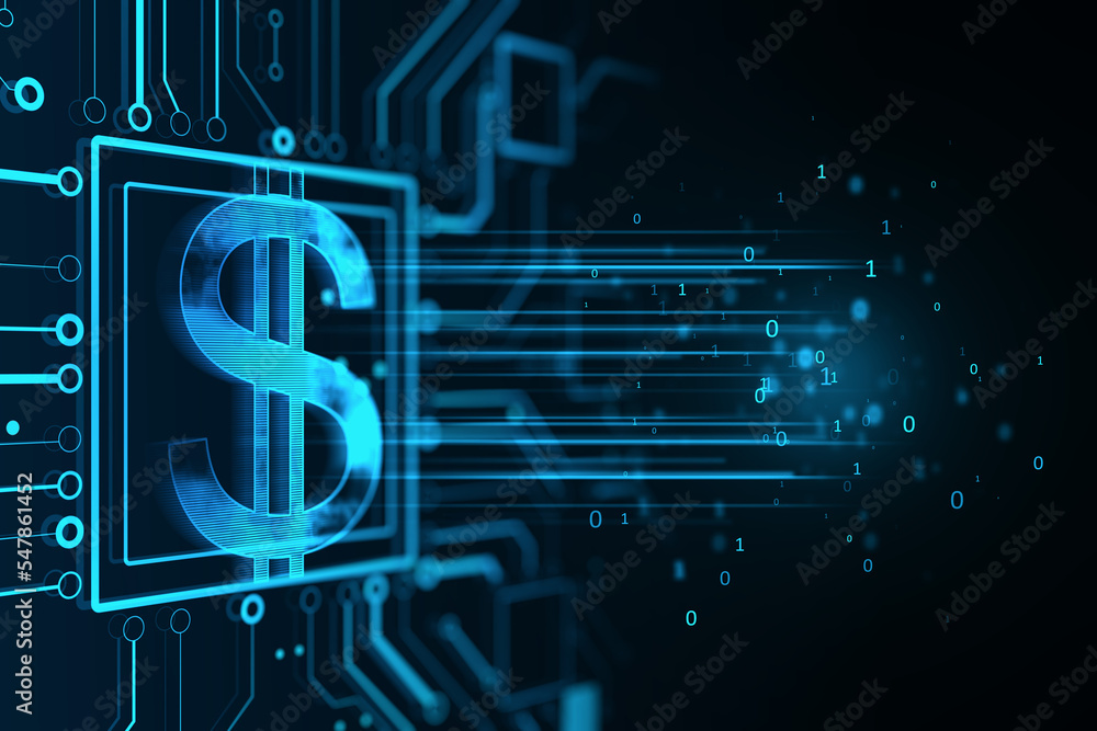 Poster international payment currency concept with digital blue dollar sign in microcircuit on dark backgro