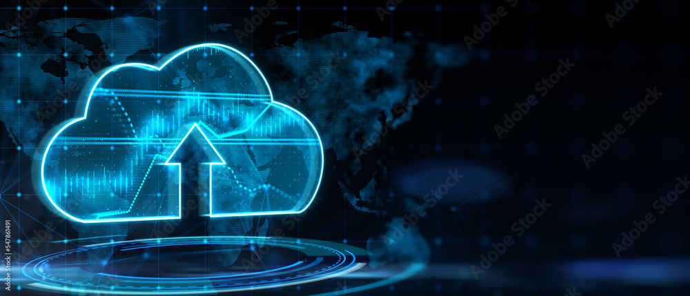 Aufkleber Cloud computing technology and online storage concept with digital cloud icon with arrow up inside above blue circle on dark background with blank place and world map silhouette. 3D rendering, mockup