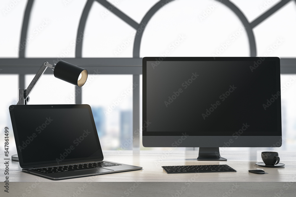 Aufkleber Close up of daylight designer workplace with empty laptop computer screens, coffee cup and keyboard on wooden desktop and window with city view background. Mock up, 3D Rendering.