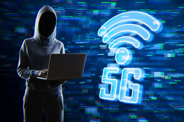 hacker hands holding laptop computer with 5G glitchy icon hologram on blurry background. 5th Generation Wireless Internet Network connection information technology illustration, hacking concept. 