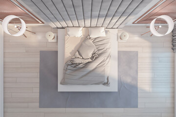 Top view on pastel color bed linen on light grey carpet on wooden floor in sunlit bedroom with vintage torchers. 3D rendering