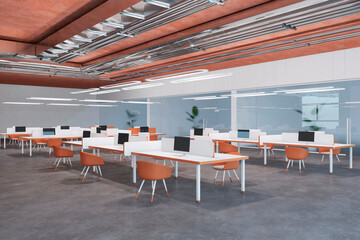 Contemporary grunge coworking office interior with city view and furniture. 3D Rendering.