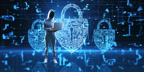 Hacker using laptop with creative glowing digital padlock hologram on blurry dark backdrop. Secure, hacking, safety and protection concept.