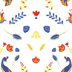 
Twin Peacock mexican seamless pattern design in primary color red blue yellow 
and white background