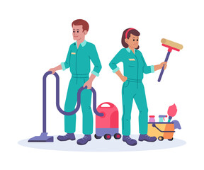 Man and woman with cleaning equipment vector illustration