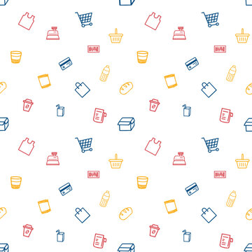 Grocery shopping bag, cart, cashier, food and drink icon seamless pattern design 
in primary color red blue yellow