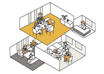 上から見た会社内のイラスト　快適なオフィスで働く人々