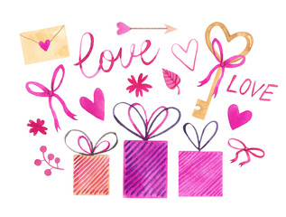 Watercolor big set valentine's day. Illustration for Valentine's Day, St. valentine. Design element for decoration, postcard.