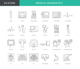 Medical diagnostics set of line icons in vector, illustration of endoscopy equipment, computed tomography and electroencephalogram, electrocardiography and X-rays.