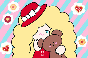 小さな女の子とクマのぬいぐるみ　イラスト