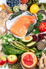Background healthy food. Fresh fruits, vegetables and salmon. Healthy food, diet and healthy life concept.