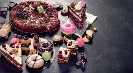 Assortment of confectionery, different types desserts - obrazy, fototapety, plakaty