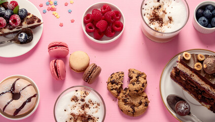 Table with various cookies, donuts, cakes, coffee cups on pink background.