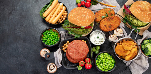 Variety of plant based meat, food.
