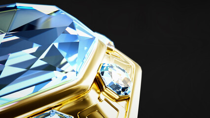 golden ring with blue topaz or diamond gemstone, isolated, fictive design - object 3D rendering