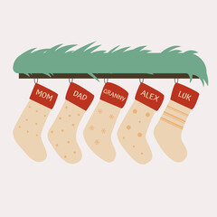 Christmas stockings hanging vector. Colorful sock for winter holiday. Home decoration, palce for present. Merry Christmas. Cute christmas socks illustration vector.