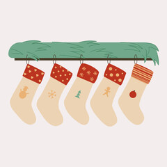 Christmas stockings hanging vector. Colorful sock for winter holiday. Home decoration, palce for present. Merry Christmas. Cute christmas socks illustration vector.