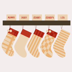 Christmas stockings hanging vector. Colorful sock for winter holiday. Home decoration, palce for present. Merry Christmas. Cute christmas socks illustration vector.