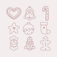  Cartoon Christmas Cookies Icon Set Holiday Concept Element Flat Design Style Include of Star and Tree. illustration of Icons