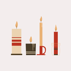 Christmas set of candles. Fire. Vector illustration in trendy style. Editable stroke.