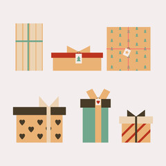 Gift boxes with ribbon line valueGift boxes. Set of various boxes present. Vector. Editable. Set