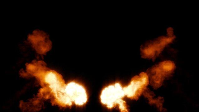 8 flaming explosions like onstage fire or bomb blast vfx, isolated