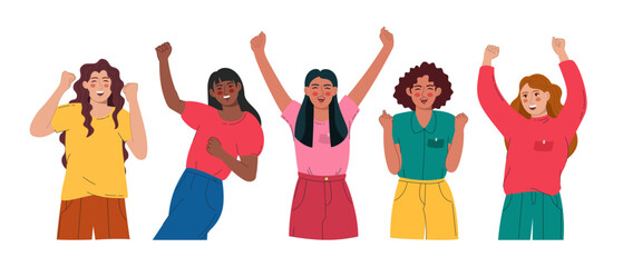 A group of joyful women of different. They raise their hands and rejoice. Vector illustration flat style