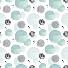 Seamless pattern with blue circles. Aquamarine blue color. Watercolor abstract background with rounded shapes