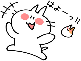 おはようと元気にジャンプするにゃんことハムスターのイラスト素材