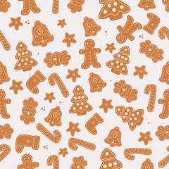 Gingerbread men, snowflakes and Christmas trees seamless pattern. Christmas or New Year background. Festive baked, cute design.