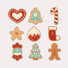 Cartoon Christmas Cookies Icon Set Holiday Concept Element Flat Design Style Include of Star and Tree. illustration of Icons