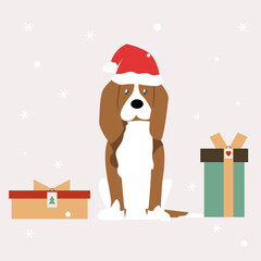 beagle sits, dressed up in a santa claus hat. New Year illustration. Christmas. Gifts and snow.