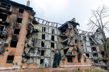 Fototapeta premium destroyed and burned houses in the city Russia Ukraine war