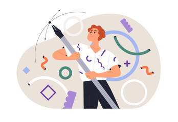 Graphic designer holding pen tool, drawing digital art. Creative tiny artist illustrator at work process. Modern young painter and big pentool. Flat vector illustration isolated on white background