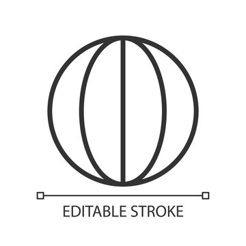 Longitude pixel perfect linear icon. Spherical globe. World map. Planet meridian. Earth surface. Thin line illustration. Contour symbol. Vector outline drawing. Editable stroke. Arial font used