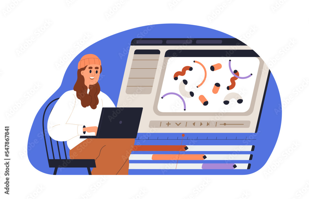 Aufkleber Motion designer at work. Animator making, designing animation with software at computer, working process. Creative girl creating digital art. Flat vector illustration isolated on white background