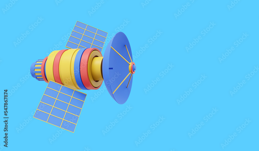 Poster space satellite with an antenna. orbital communication station intelligence, research. 3d rendering.