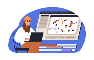 Motion designer at work. Animator making, designing animation with software at computer, working process. Creative girl creating digital art. Flat vector illustration isolated on white background