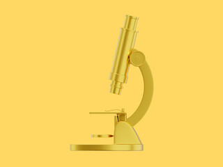Realistic gold microscope. 3D rendering. Icon on yellow background