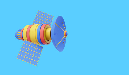 Space satellite with an antenna. Orbital communication station intelligence, research. 3D rendering. Multicolored icon on colored background with space for text.