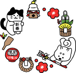 猫と犬のお正月1月フレーム（シンプル）