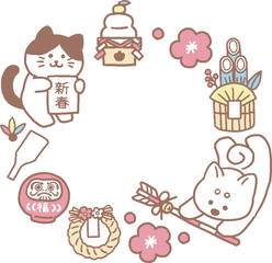 猫と犬の英語お正月1月フレームパステルカラー（シンプル）