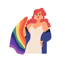 Drag Queen, man disguised in sexy dress, glamour makeup. Transgender, LGBT homosexual person in hair wig, female clothes, rainbow flag. Flat graphic vector illustration isolated on white background